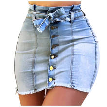 Mini saia jeans justa com cadarço feminina, saia jeans sexy com botões finos para mulheres saia de cintura alta e de uma linha saia jeans combinada 2024 - compre barato