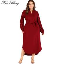 6XL Plus Size Dress Women Summer Beading Long Sleeve V Neck Solid Red Maxi Long Dress Belted Loose Ladies Abaya Muslim Dress 2024 - buy cheap