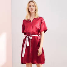 Camisón de seda de mora para mujer, ropa de dormir femenina con cuello en V, vestido rojo de seda de color sólido de manga corta, 100% 2024 - compra barato