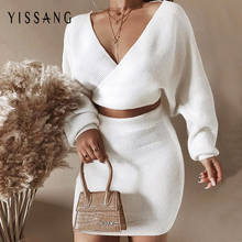 Yissang Elegant Sweater 2 Piece Set Women V Neck Long Lantern Sleeve Crop Top And Short Skirt Two Piece Set Femal Autumn Clothes 2024 - buy cheap