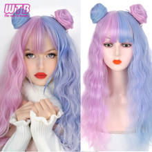 WTB Synthetic Blue And Pink Wig Long Water Wave Cosplay Wigs for Women with Bangs and Cute Chignon Lolita Fake Hair 2024 - buy cheap