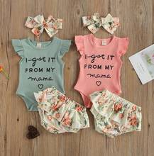 Newborn Baby Girls Summer Outfit Set Fly Sleeve Letter Print Knitted Romper Floral Shorts Headband Set Baby's Sets 2024 - buy cheap