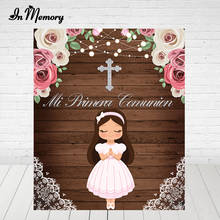 InMemory Mi Primera Comunión Photography Backgrounds Retro Wood Flowers Cross Lace Girls Baptism 1st Birthday Backdrop Custom 2024 - buy cheap