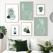 Minimalist Abstract Line Illustration Girl Leaf Wall Art Canvas Painting Nordic Posters And Prints Wall Pictures For Living Room 2024 - buy cheap