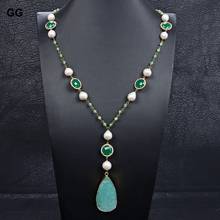 GuaiGuai Jewelry 31'' Natural White Keshi Pearl Green Jades Gems Blue Crystal Necklace Natural Amazonite Stone Pendant 2024 - buy cheap