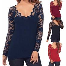 Women Sexy Solid Color V Neck Stitching Lace See Through Long Sleeve Slim Blouse Spring Summer  Sexy Top 2024 - buy cheap