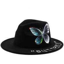 Nova moda mão desenhada borboleta padrão lã chapéu de feltro aba larga casual porkpie jazz fedora chapéu festa da igreja sombrero boné 2024 - compre barato