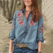 Fashion Embroidered Tops Women's Denim Blue Shirts 2022 ZANZEA Elegant Button Down Blusas Female Lapel Blouse  Tunic 2024 - buy cheap