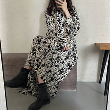 HziriP New Black Lapel Oversize Femme 2021 Streetwear Long Dresses Elegacne Slim Florals Chic Sexy Summer Printed Lady Vestidos 2024 - buy cheap