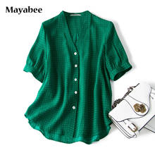 Fairy Forest-Camiseta verde de lunares para mujer, camisa de seda con botones, manga corta, primavera y verano, 2021 2024 - compra barato