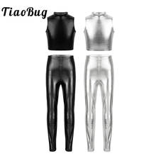 TiaoBug Kids Shiny Metallic Sleeveless Crop Tops with Skinny Pants Leggings Stage Performance Girls Ballet Jazz Dance Costume 2024 - buy cheap