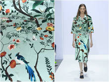 Heavy Silk Fabric Brand Blue and Green Bottom Forest Vine Flower-Bird Print Stretch Silk Satin Clothing Fabric 2024 - buy cheap