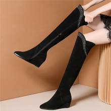 Winter Casual Shoes Women Black Cow Suede Leather Wedges High Heel Straight Over The Knee High Boots Pointed Toe Warm Pumps Shoe 2024 - buy cheap