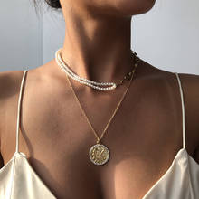 Lalynnly-collares con colgantes de moneda tallada con diamantes de imitación, cadenas de perlas de imitación, collar para mujer, accesorios de joyería a la moda N7546 2024 - compra barato