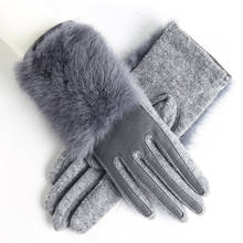 Winter Women Sheepskin Genuine Leather Gloves Lady Thickened Warm Rabbit Fur Wool Gloves Black Grey 2024 - buy cheap
