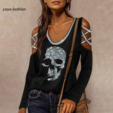 Camiseta informal de manga larga con estampado de calavera para mujer, Tops sexys a la moda, camisetas de cuello redondo para mujer, talla S-3Xl 2024 - compra barato