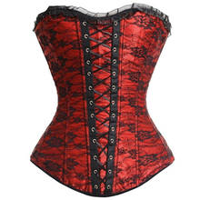Sexy Women Black Red Burlesque Lace Overlay Lace Up Satin plastic bone Bustier Corset Corselet Overbust Outwear Corsets 2024 - buy cheap