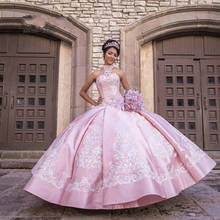 Halter rosa quinceanera vestidos de cetim vestido de baile vestidos sem mangas apliques rendas doce 16 brithday vestido de festa 2024 - compre barato