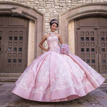 Vestidos de quinceañera rosa con cuello Halter, vestido de baile de graduación de satén, sin mangas, Apliques de encaje, dulce vestido de fiesta de cumpleaños de 16 años 2024 - compra barato