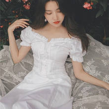 Herstory Women New Summer Elegant French Vintage Midi Dress Square Collar Puff Sleeve White Fairy Dress Retro Drawstring Dress 2024 - buy cheap