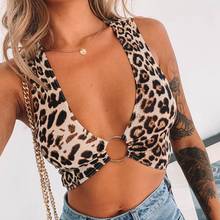 Regata feminina com estampa de leopardo, anel de metal, decote em v, sem mangas, y2k, moda de verão, preto e branco, cropped 2024 - compre barato