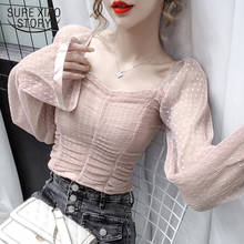 New Arrivals Vintage Puff Sleeve Top Femme Square Collar Pleated Chiffon Blouse Women Casual Short Sexy White Shirts Women 12071 2024 - buy cheap