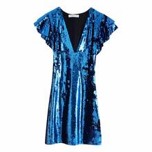 2020 Women Sexy Deep V Neck Sequins Vestidos Casual Slim Mini Dress Female Ruffles Butterfly Sleeve Club Party Dresses DS3159 2024 - buy cheap