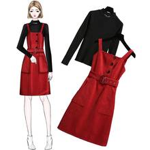 Женский комплект 2 шт. платье в Корейском стиле; Красное платье на бретелях; Повседневная одежда из двух предметов; Вязаные топы для девочек; Осенние зимние наряды; 2020 2024 - купить недорого