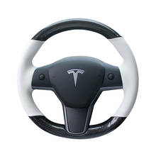 Interior DIY 5D Black Carbon Fiber&White PU Leather Steering Wheel Hand Sewing Wrap Cover Fit For Tesla model 3 2017-2019 2024 - buy cheap