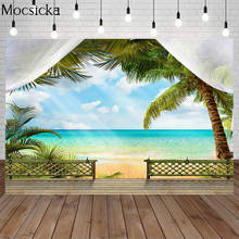 Mocsicka verão praia fotografia pano de fundo palmeira mar varanda de madeira paisagem fundo do feriado papel de parede banner photo studio 2024 - compre barato