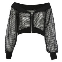 Fanco Gothic Sexy Short Women Blouse Black Mesh See-Through Slash Neck Hollow Off Shoulder Long Sleeve Club Street Goth 2024 - buy cheap