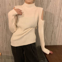 Suéter feminino de malha gola alta, pulôveres de ombro à mostra, para mulheres sexy, de manga comprida, jumper preto, roupas grossas, 2020 2024 - compre barato