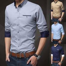Рубашка мужская однотонная с длинными рукавами, деловая приталенная, на пуговицах, с контрастными манжетами, подходит для большинства людей, большие размеры 2024 - купить недорого