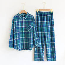 Spring Blue Classic Plaid Pajamas Cotton Flannel Sleepwear Long Sleeve Cardigan Two Piece Set Lapel Lounge Wear Home Clothes 2024 - buy cheap