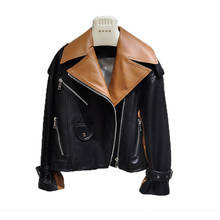 New Fashion Women Short Coat Spring Camel And Black Genuine Leather Jacket Turn-Down Collar Overcoat Original Design 2024 - buy cheap