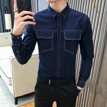 Korean Slim Fit Denim Shirts Mens Jeans Polka Dot Mens Social Casual Fashion Elegant Mens Slim Fit Long Sleeve Shirts Black Blue 2024 - buy cheap