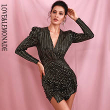 LOVE&LEMONADE Sexy Gold Deep V-neck Bubble Long Sleeve Ruffled  Slim Sequins Elasticity Party Mini Dress LM82010 2024 - buy cheap