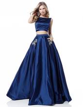 2 Pieces Blue Prom Dresses 2022 Sexy Backless Satin Pockets Shiny Crystal A Line Backless Long Wedding Guests Evening Gowns New 2024 - buy cheap