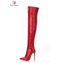 Intenção original nova sexy mulher sobre o joelho botas apontadas dedo do pé saltos finos botas preto vermelho sapatos mulher eua tamanho 4-10.5 2024 - compre barato