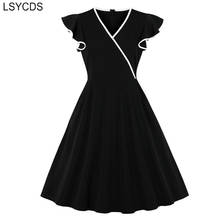 Lsycds v-neck preto vestidos de verão 2020 envoltório plissado manga na altura do joelho elegante festa feminina sólido vintage 50s 60s vestidos 2024 - compre barato
