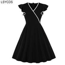 LSYCDS-vestidos negros con cuello en V para mujer, prenda elegante hasta la rodilla, manga con volantes, color liso, Vintage, para fiesta de los años 50 a 60, verano 2020 2024 - compra barato