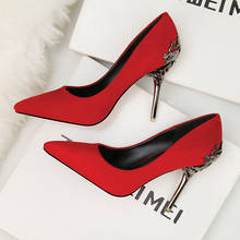 2019 autumn new fashion pointed shallow mouth single shoes female wedding shoes red bride metal hollow suede stiletto heels 2024 - buy cheap