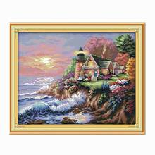 Decoração de paisagem do farol à beira-mar pintura joy domingo kit de ponto cruz 14ct11ct artesanal bordado de mão para decoração de casa bordado 2024 - compre barato