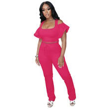 Casual Off The Shoulder Ruffles 2 Piece Set Women Summer Sexy Crop Top + Drawstring High Waist Pants Slim Two Piece Set Outfits 2024 - buy cheap