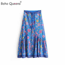 Boho Queens Women  rayon cotton tassel Bohemian skirt blue floral peacock printed Hippie maxi skirts femme 2024 - buy cheap