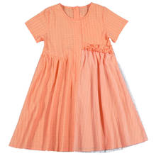 New 2021 Summer Girs Cotton Dress Mesh Patchwork Ruched Kids Clothes Plaid Elegant Children Short Sleeve Dress,#6025 2024 - buy cheap