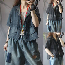 Summer Arts Style Women Short Sleeve Loose Denim Coat Double Pocket Casual Short Coats Single-breasted Cardigan Jackets M162 2024 - buy cheap