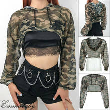 New Women Ladies Casual Perspective Hooded Loose Sexy See Through Long Sleeve Camouflage Crop Top Short T Shirts Tee 2024 - buy cheap