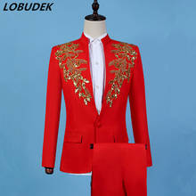 Adult Men's Suits Banquet Host Stage Performance Suit Fashion Golden Red Sequins Beads Blazers 2-Piece Bar Singer Dancer Costume 2024 - buy cheap