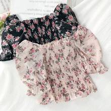 Women Sexy Slash Neck Straight Collar Short Top Summer Casual Short Sleeve Shirt Elegant Floral Print Pleated Chiffon Shirt 2024 - buy cheap